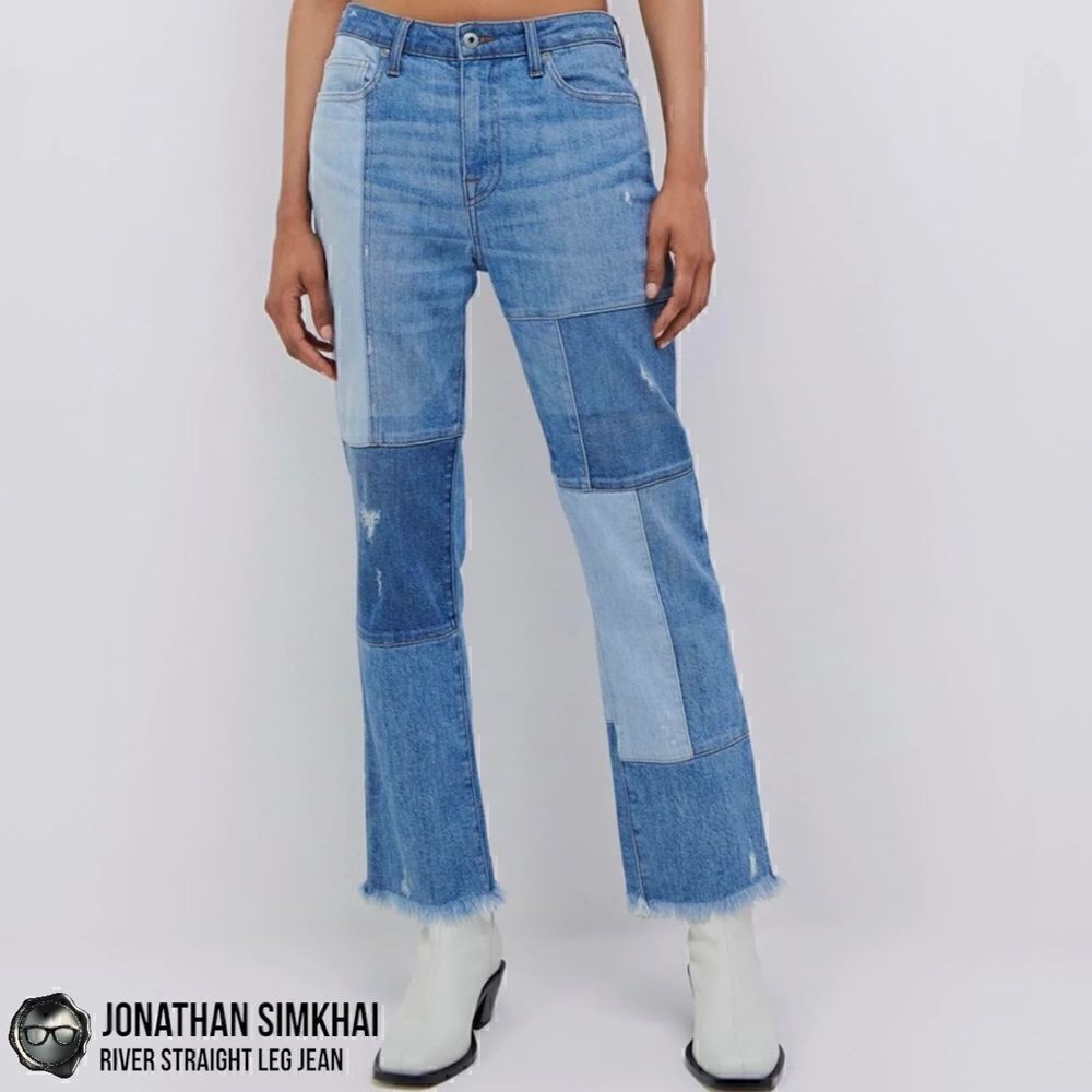JONATHAN SIMKHAI RIVER STRAIGHT LEG DISTRESSED PATCHWORK JEANS IN INDIGO BLUE 27 - Picture 16 of 16